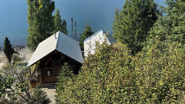 A cabin with a metal roof, surrounded by trees and a lake with mountains in the background.