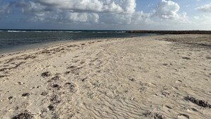A sandy beach with footprints and seaweed, a rocky breakwater, and a clear blue sky with clouds.