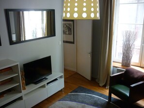 Televisión, reproductor de DVD, libros