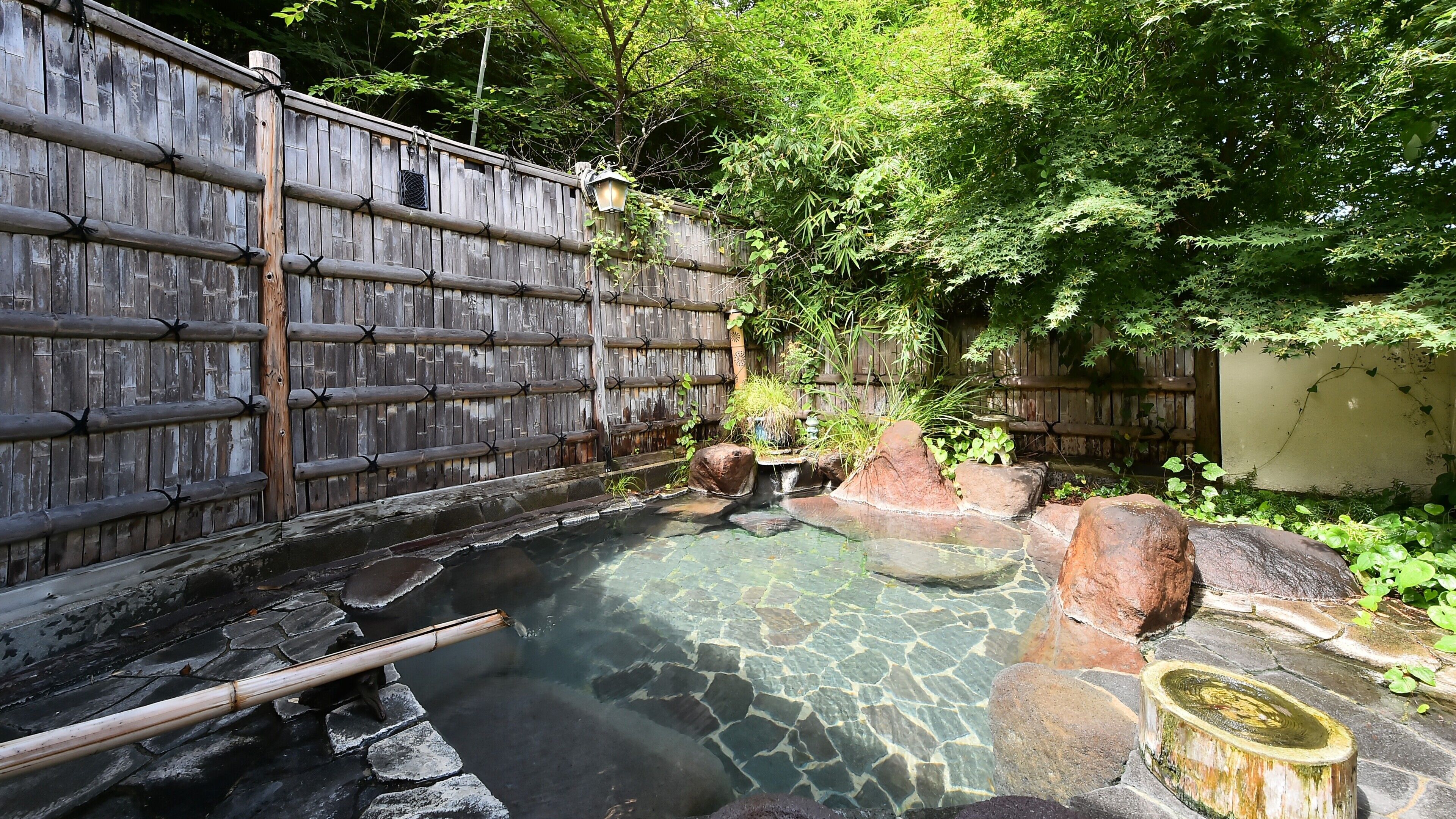 Een traditionele Japanse tuin met een stenen warmwaterbron, bamboebegraafsel en weelderige begroeiing.