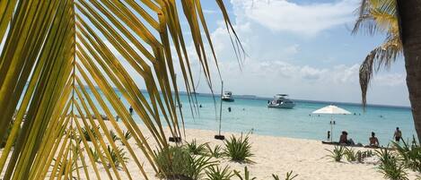 On the beach, sun loungers, beach towels