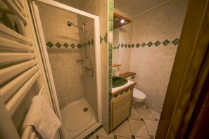 Regadera, secadora de cabello, toallas, papel de baño