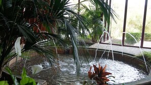 A water feature with a circular basin, surrounded by various plants and a brick pathway. - Parque Botanico Holiday Rentals (Benahavis)
