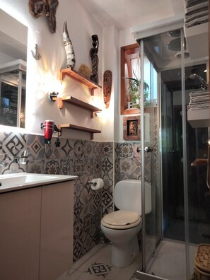 Shower, hair dryer, bidet, towels