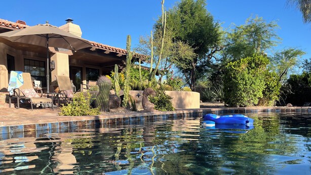 Ein klares Schwimmbecken mit einem blauen Luftmatratzen-Float, umgeben von Kakteen und Bäumen, sowie eine Terrasse mit Liegestühlen und einer überdachten Sitzgruppe.