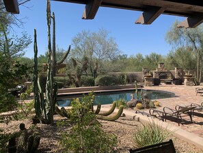Una zona de piscina con cactus y una chimenea de piedra.