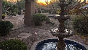 Ein Garten mit einem Brunnen, umgeben von verschiedenen Pflanzen und einer Pergola.
