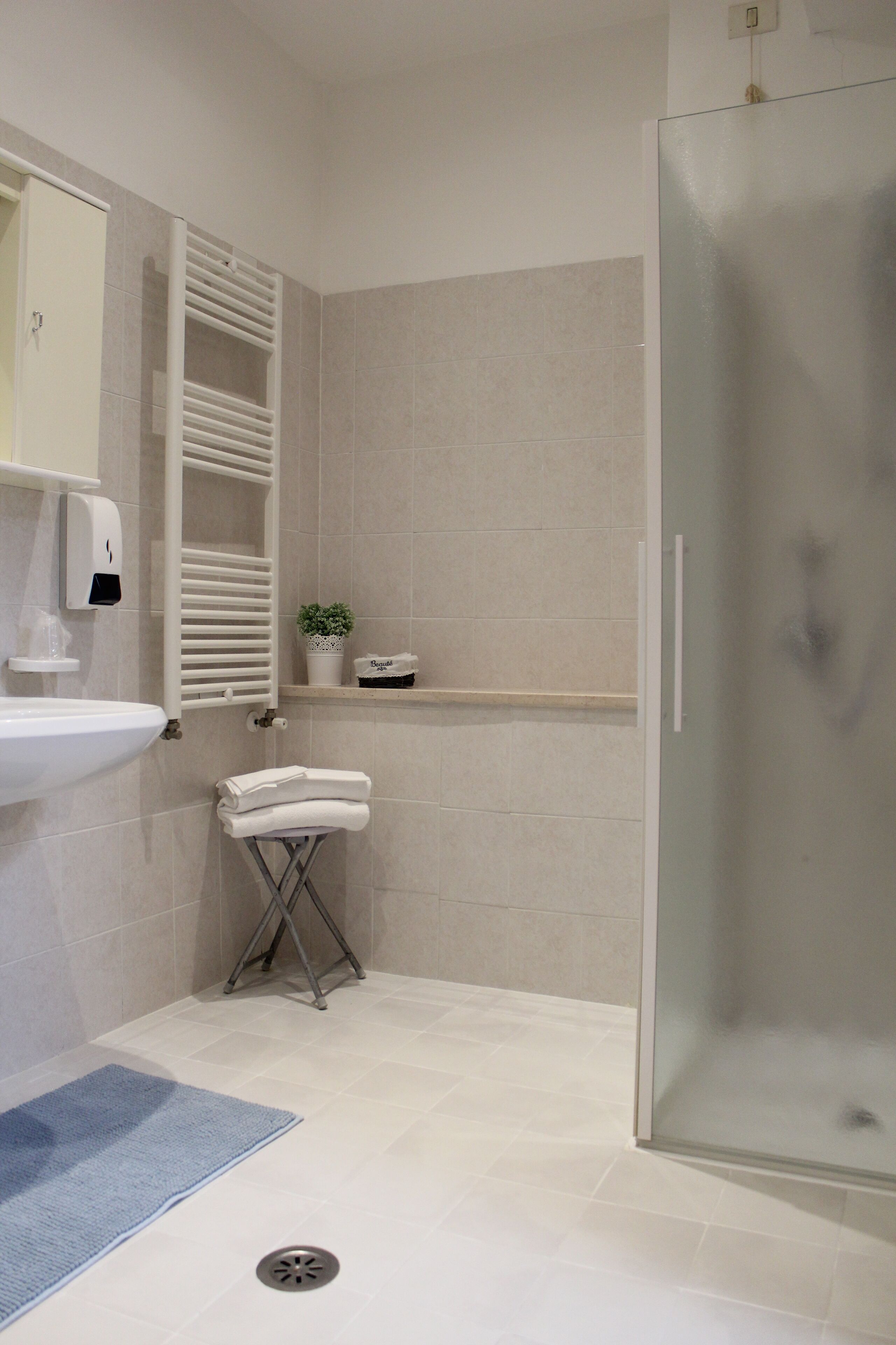 Un baño con cabina de ducha de vidrio, un lavabo blanco, un perchero para toallas y una pequeña repisa con una planta.