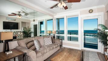 Smart TV, fireplace, DVD player, books