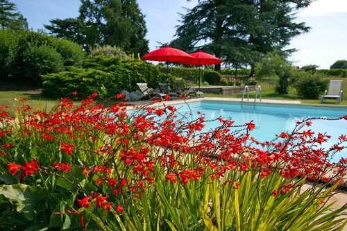 Omakotitalo Bordeaux-viinitilalla, näkymä puutarhaan ja viiniköynnöksiin