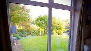 Vista attraverso una finestra su un giardino curato, con prato, alberi e vialetto.
