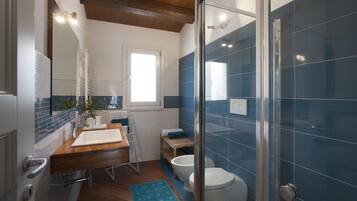 Shower, hair dryer, bidet, towels