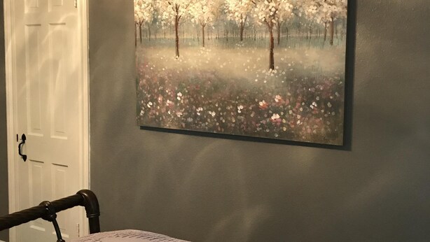 A bedroom with a bed, a painting of trees and flowers on the wall, and a door. - Great Location!  Come Relax....Retreat!   (Kerrville)