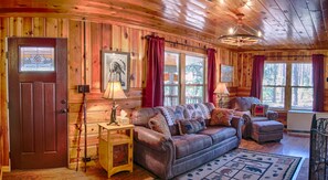 Télévision, cheminée, lecteur de DVD, livres