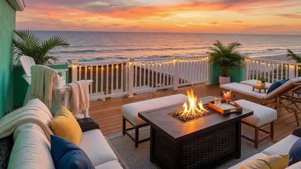 A deck with outdoor seating, a fire pit, and a view of the ocean at sunset. - 🌞Oceanfront rooftop getaway 🏖️Steps to sand 🐶Dog Friendly⚡️EV charger (North Topsail Beach)