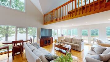 Smart TV, fireplace, video games, DVD player