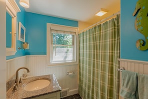 Combined shower/tub, hair dryer, towels, toilet paper