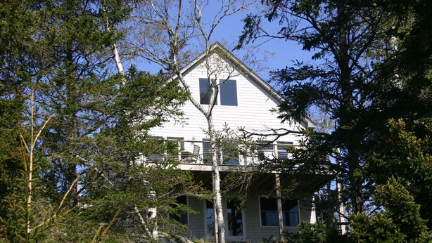 A white two-story house with a gabled roof, surrounded by dense trees. - Tranquil oceanfront cottage on Wohoa Bay (Addison)