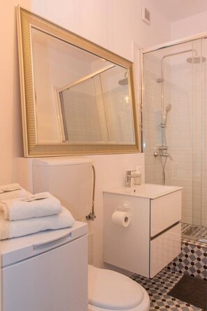 Hair dryer, towels, soap, toilet paper