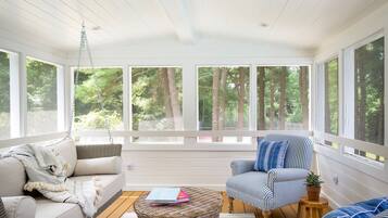 Télévision, cheminée, lecteur de DVD, livres