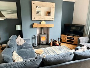 Smart TV, chimenea y libros 