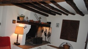 Ein rustikales Zimmer mit Kamin, einem roten Sessel und einem Holzboden mit diversen Gegenständen.