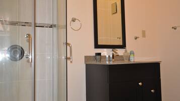 Shower, hair dryer, towels, toilet paper