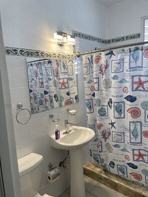 Douche, séchoir à cheveux, serviettes fournies, savon