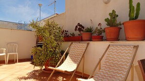 Eine Terrasse mit zwei Liegestühlen, einem Blumentopf und einer Sukkulente.