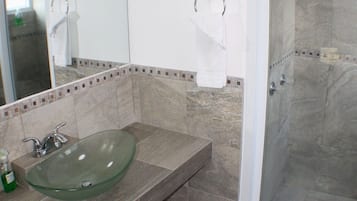 Shower, hair dryer, towels, soap