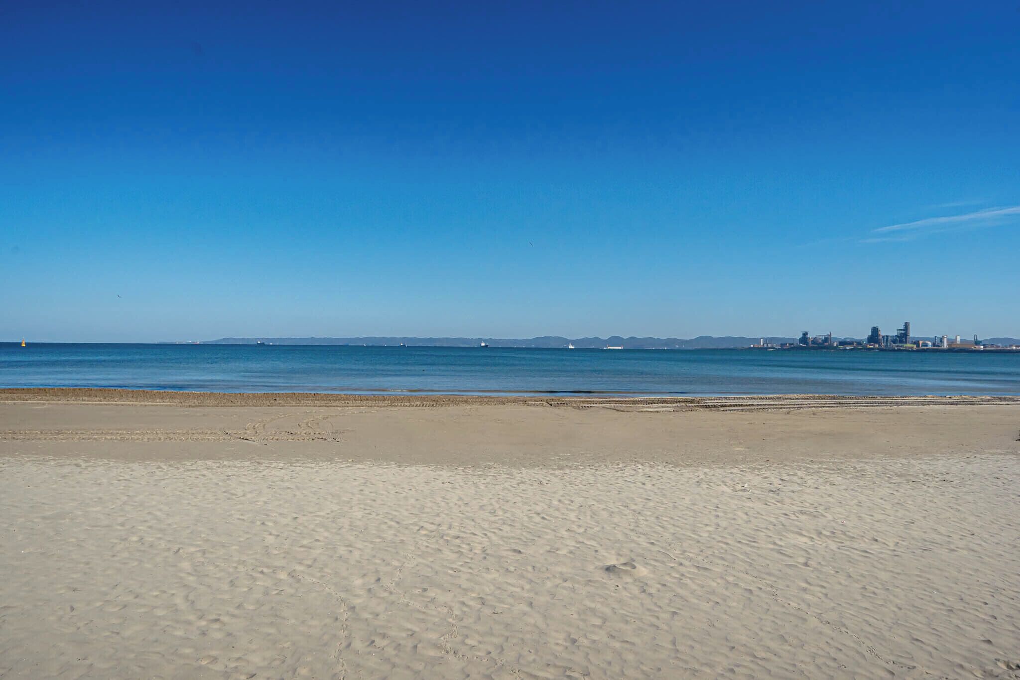 A beach with a clear sky and a distant cityscape.