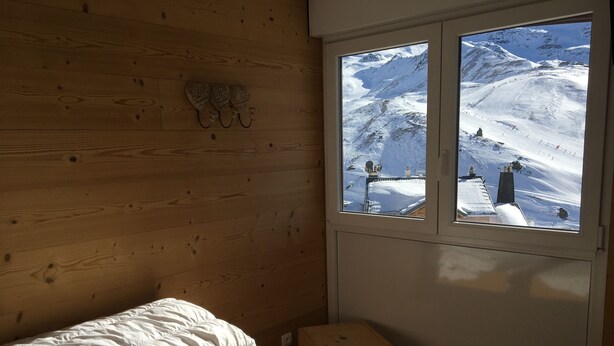 A bedroom with a wooden wall, a bed, a window with a view of a snowy mountain.
