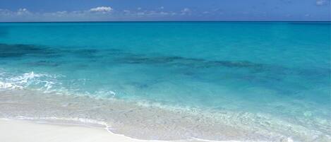 On the beach, sun loungers