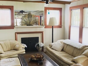 Smart TV, chimenea, libros