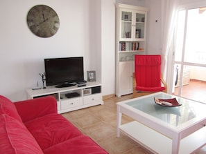 Flat-screen TV, DVD player, books
