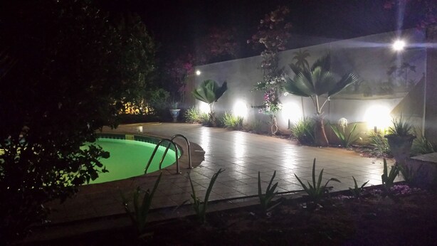 Vista nocturna de un área de piscina con solárium empedrado, rodeada de plantas y árboles.