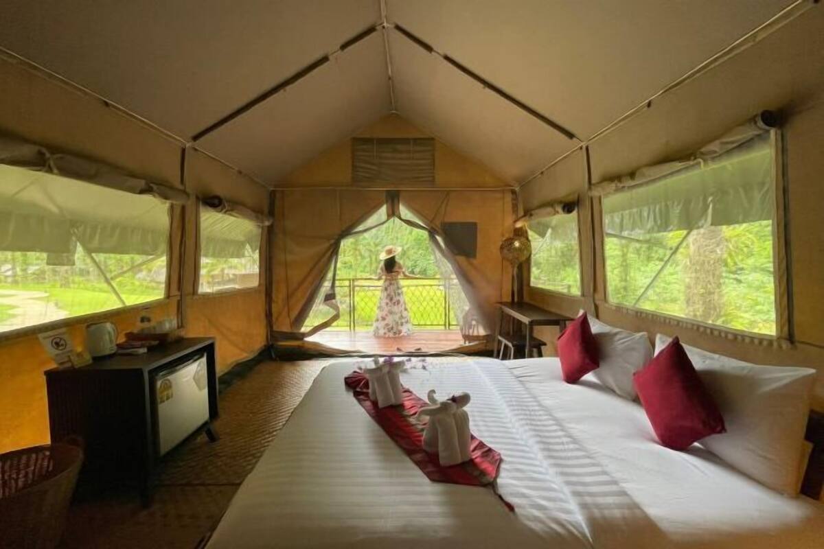 A tented room with a bed, a small table, and a view of greenery outside.