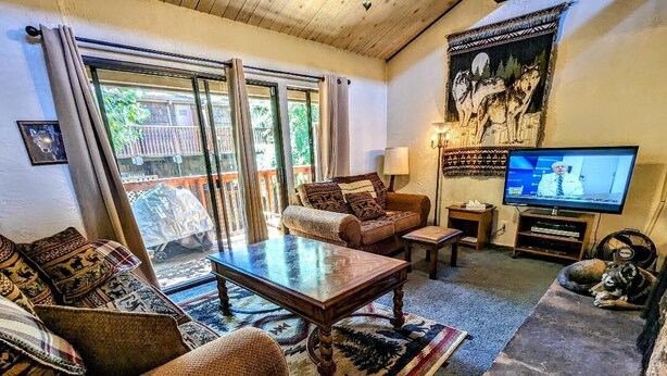 Ein gemütliches Wohnzimmer mit einer Couch, einem Couchtisch und einem Fernseher. Ein großes Fenster mit Vorhängen, ein Teppich mit Bär-Motiv und eine Wandweberei sind ebenfalls vorhanden.