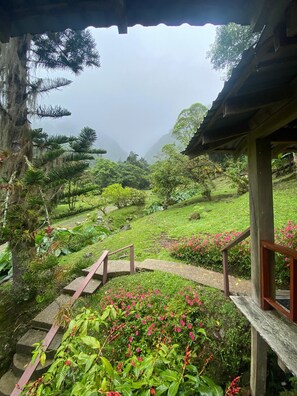 A wooden staircase leading to a covered area with a view of a lush garden and distant mountains. - One Bedroom Cabin On Two Hundred Acres in costa rica (CACHI)