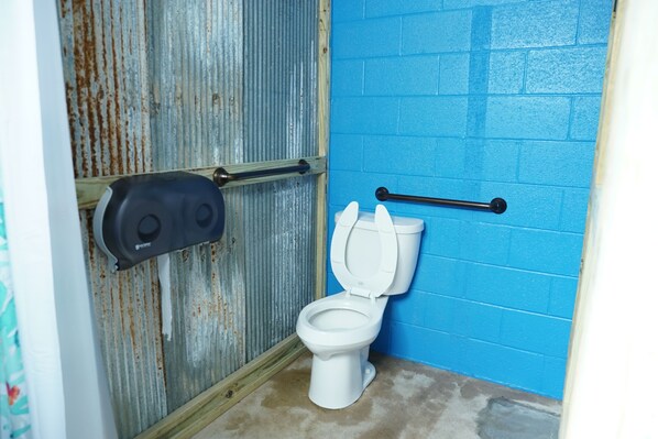 Une salle de bain avec des toilettes blanches, un mur bleu et une porte en métal.