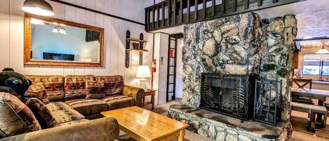 Televisión, chimenea, reproductor de DVD