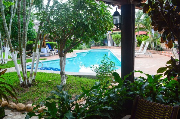 A swimming pool surrounded by lush greenery and a covered seating area. - Authentic pool-side apt studio w/ full kitchen, 1min walk to beach, free yoga (Puerto Escondido)