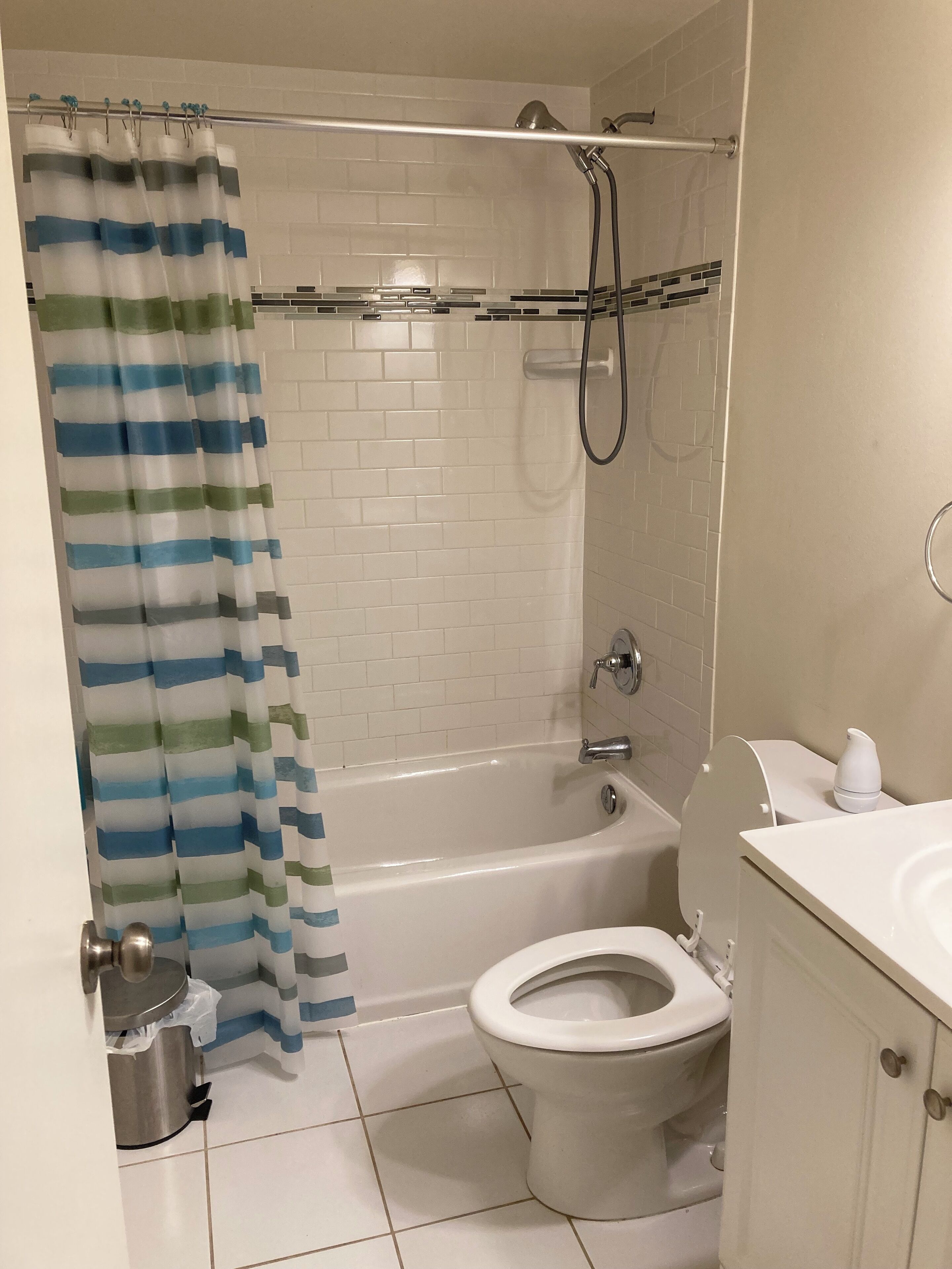 Banyera, assecador de cabells, tovalloles i sabó 