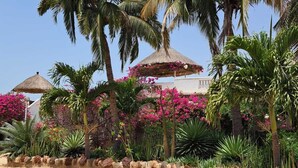A resort with palm trees, a thatched-roof structure, and pink flowering plants. - Dreamlike villa with infinity Jacuzzi and lagoon swimming pool (Unknown)