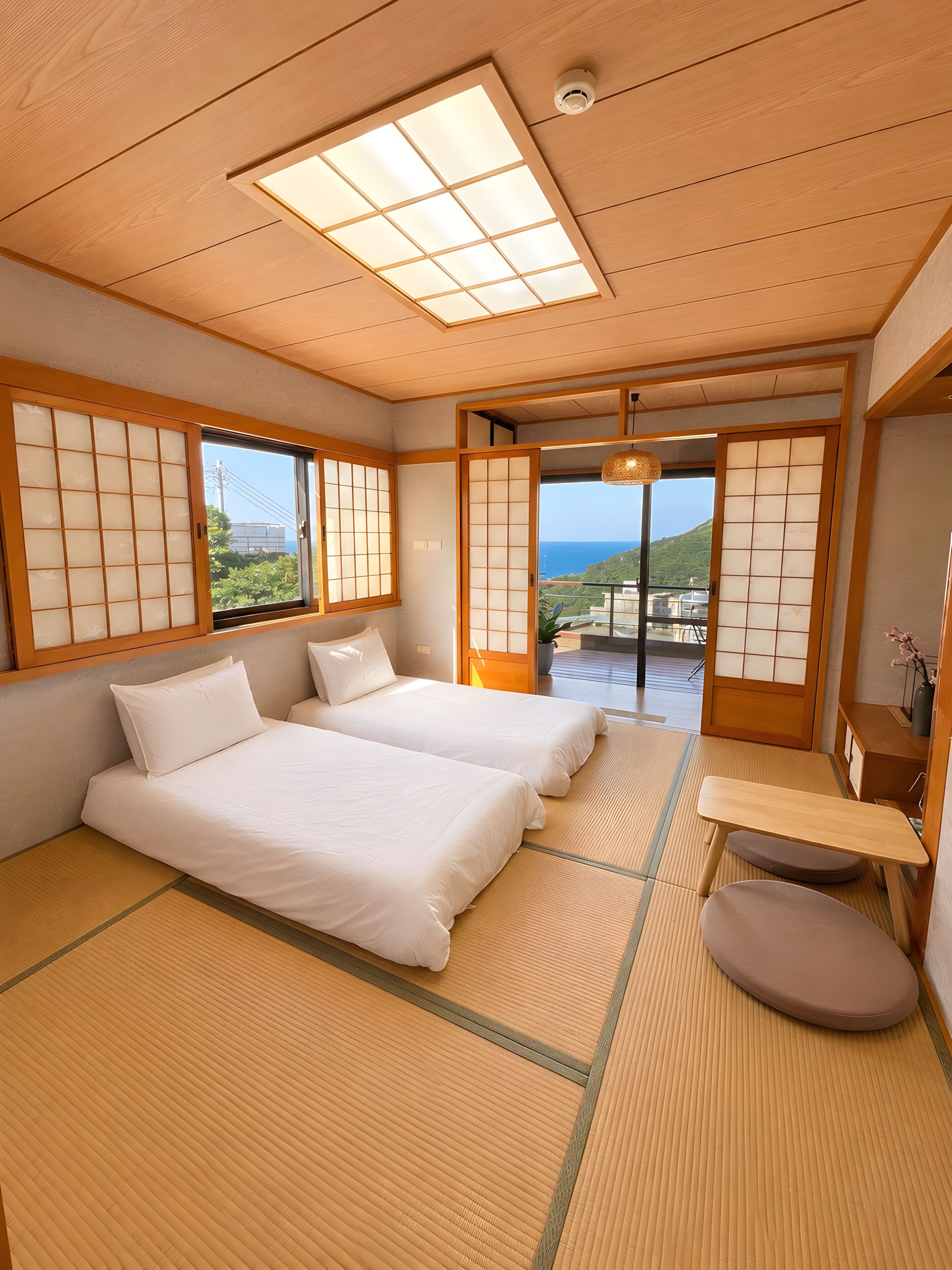 Ein traditioneller japanischer Raum mit Tatami-Böden, zwei Betten, Schiebetüren und Blick auf das Meer.