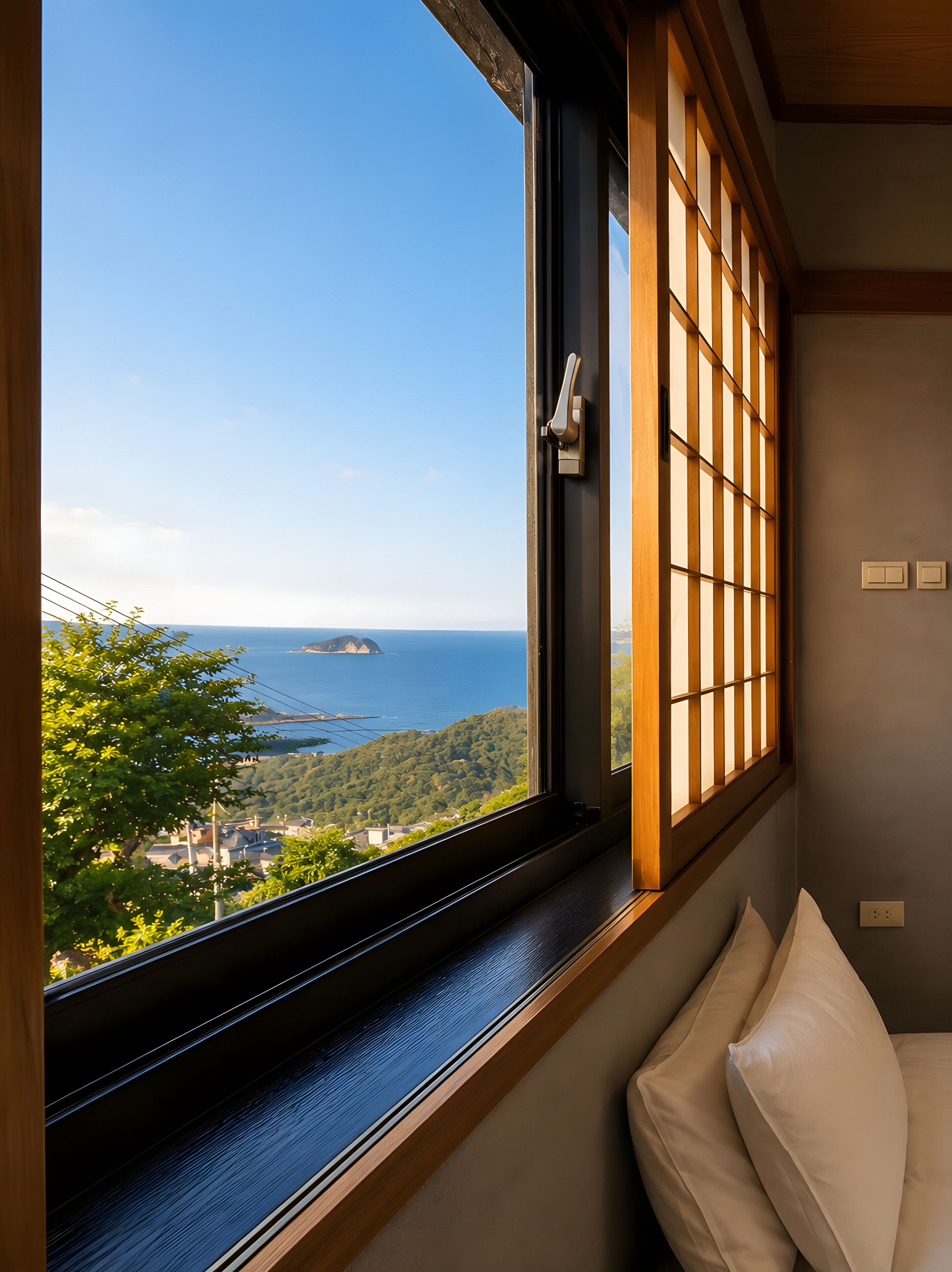 A room with a large window, a view of the sea, and a wooden floor.
