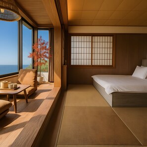 A room with a bed, a table with a chair, a window with a view, and a traditional Japanese shoji screen. - Twilight House (New Taipei City)