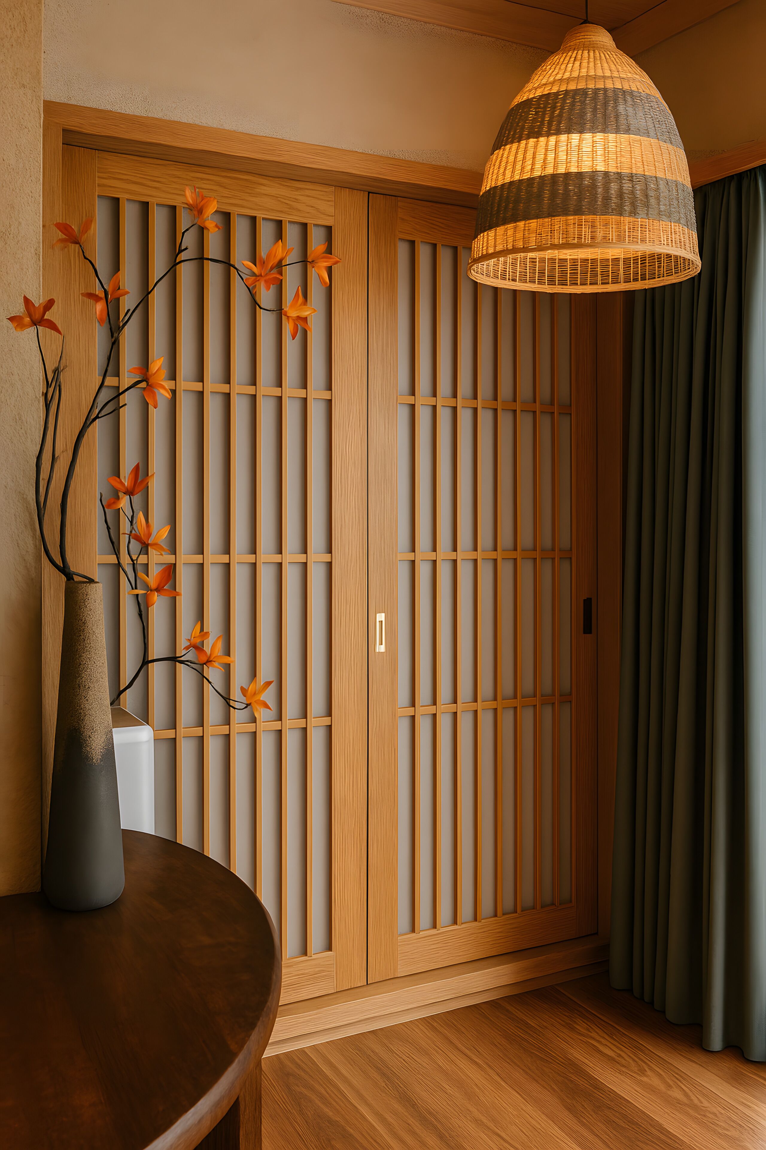 A room with a wooden sliding door, a hanging lamp, and a vase with flowers on a table.