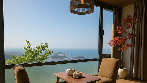 Ein Zimmer mit Meerblick, ein Tisch mit Teekanne, zwei Stühle und eine Hängeleuchte.