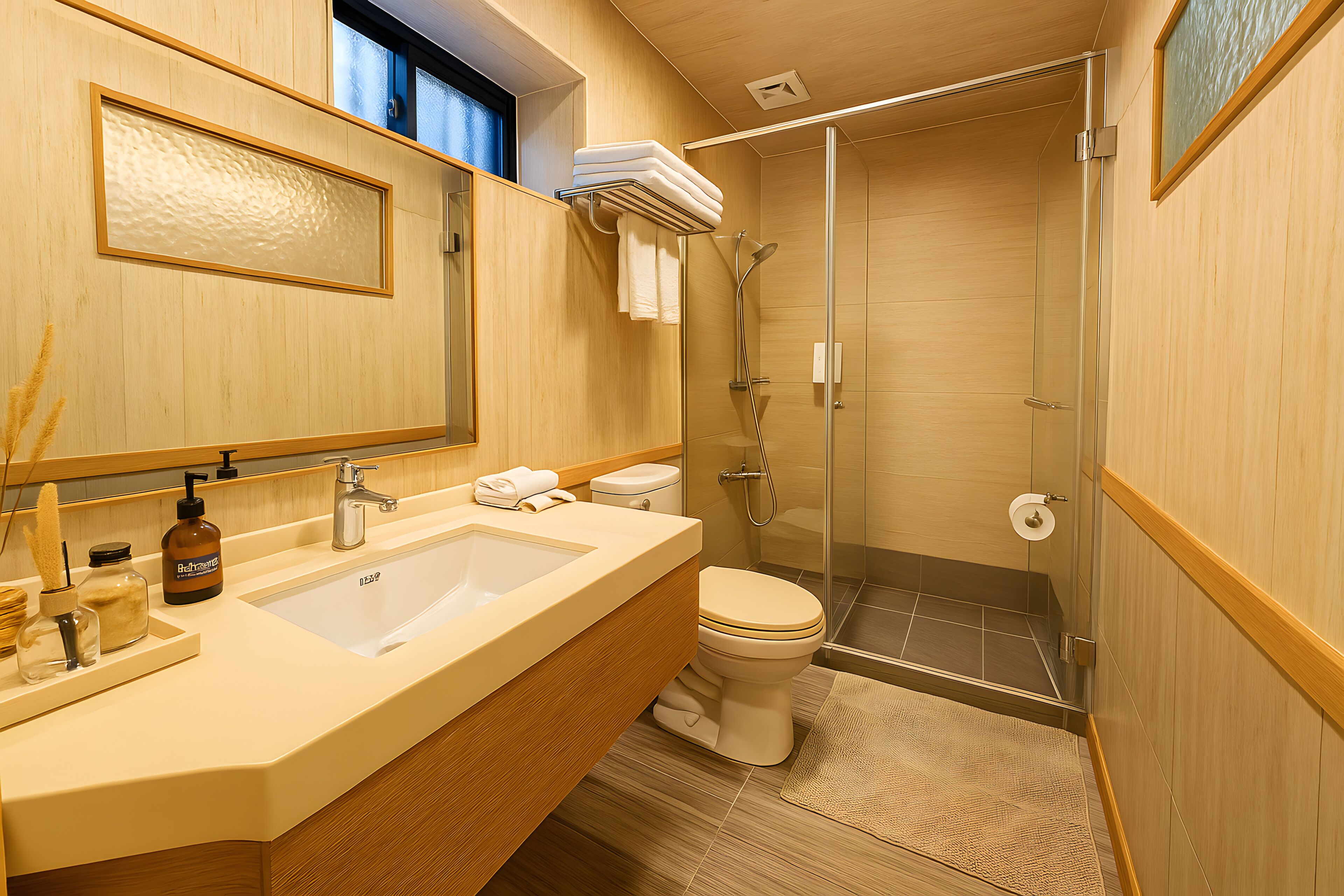 A bathroom with a large sink, toilet, and shower.